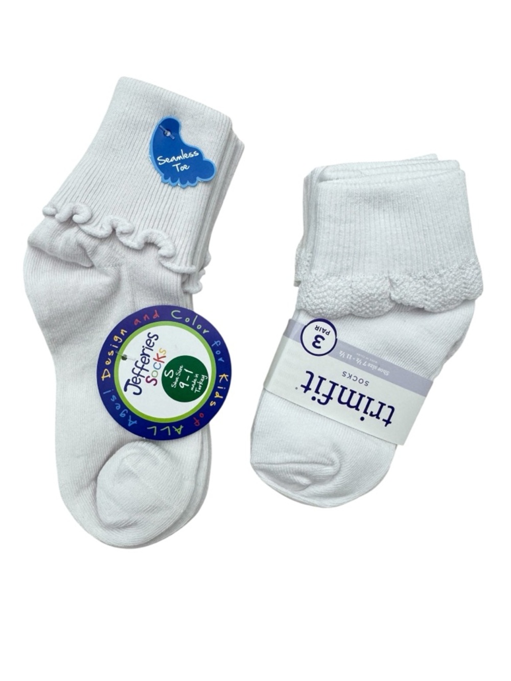 5 Pair Girls White Socks Bundle Trimfit & Jefferies Ruffle Seamless Toe NWT